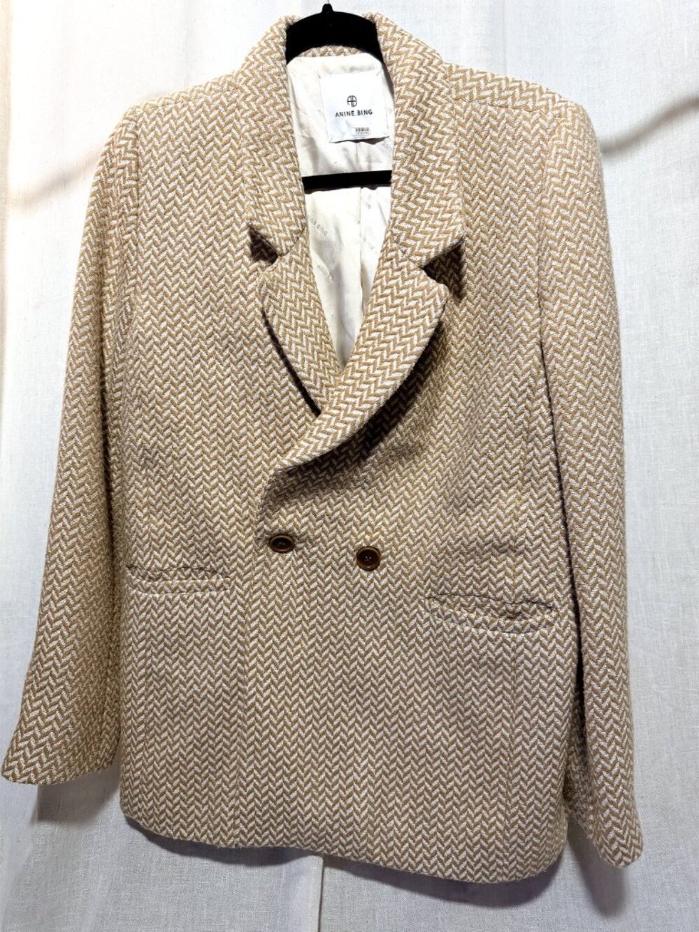 Anine Bing Chevron Tweed Double-Breasted Blazer Tan Cream XS